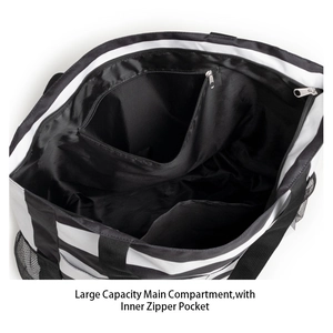 Large capacity striped beach tote bag with mesh pockets and inner zipper compartment