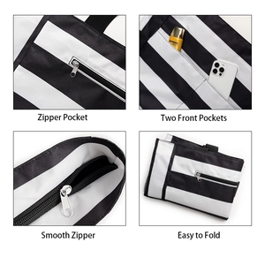 Detail view of foldable striped beach bag featuring multiple pockets and smooth zippers
