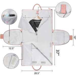 Foldable travel garment bag for suits and dresses with pink trim and multiple pockets