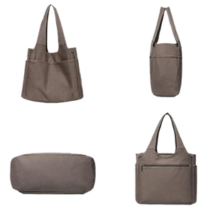 Large coffee canvas tote bag with zipper and pockets shown from four multiple angles