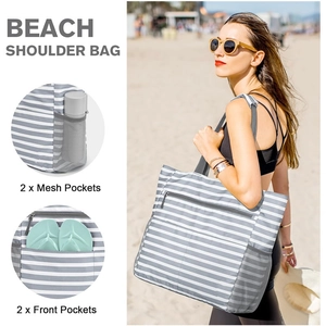Detail of striped beach bag showing side mesh pockets and front storage compartments