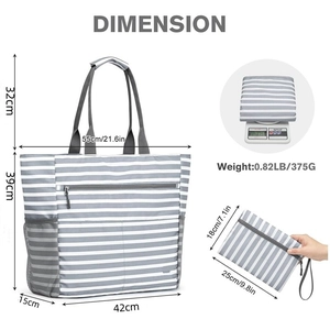 Large waterproof beach tote bag with grey striped pattern and matching pouch set