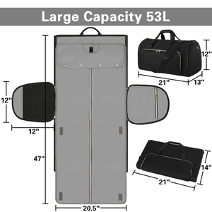 Black 53L convertible travel garment bag shown in open, folded, and full storage states