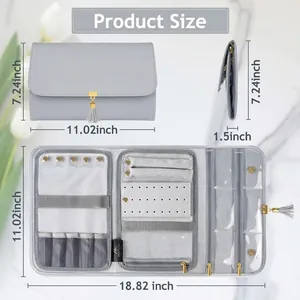 Foldable grey travel jewelry organizer dimensions in closed and fully opened views