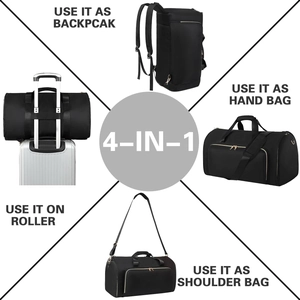 Black 4-in-1 convertible travel garment bag with backpack and shoulder strap functions