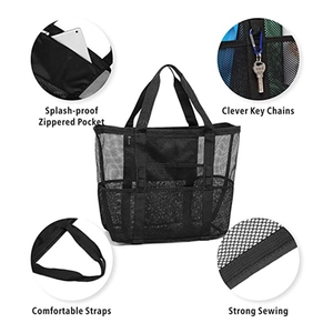 Grand sac de plage en maille noire avec poche zippée étanche et compartiments multiples