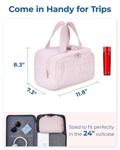 Pink waterproof toiletry bag with dimensions 11.8x7.3x8.3 inches and dual zippers