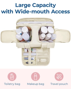 Detailed interior of a beige travel toiletry bag with multiple clear compartments and mesh pockets