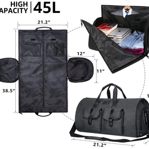 Grey 45L convertible garment bag for travel with suit storage and folding design