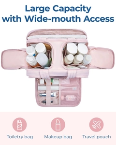Detail view of pink large capacity wash bag with multiple compartments and mesh pocket