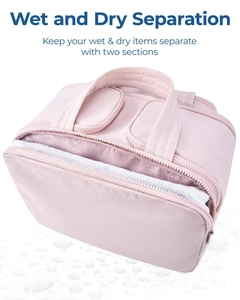 Detailed view of pink waterproof wash bag with dual wet and dry separation compartments