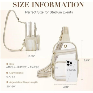 Clear sling backpack with adjustable strap, side mesh pocket, and compact stadium size.