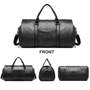 Detailed views showing front, side and bottom of a black leather travel garment bag