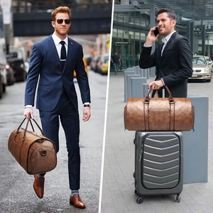 Brown leather travel garment bag with suit compartment and trolley sleeve for travel