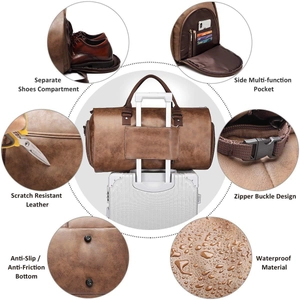 Detail view of brown leather travel bag features side shoe compartment and trolley sleeve
