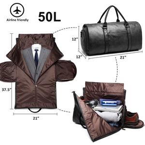 50L convertible leather garment bag showing dimensions and airline friendly design