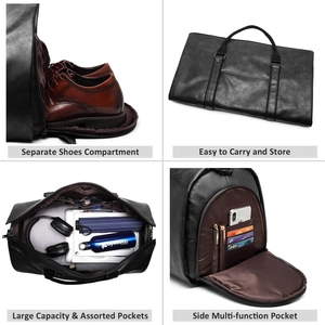 Versatile black leather garment duffel bag with shoe compartment and foldable design