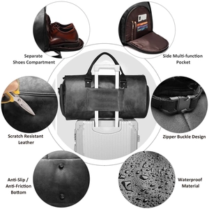 Detail of travel leather garment bag showing shoe compartment and trolley sleeve