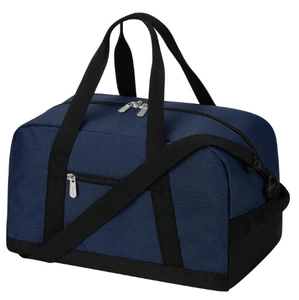 Detail of blue and black nylon travel duffel bag with reinforced handles and shoulder strap