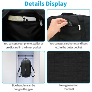 14-inch compact black fitness bag with multiple pockets for travel and gym use
