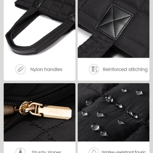 Waterproof black quilted nylon tote bag with reinforced handles and secure gold zipper