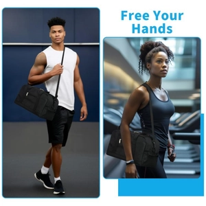 Detail of black sports gym bag with adjustable shoulder strap and side zipper pocket