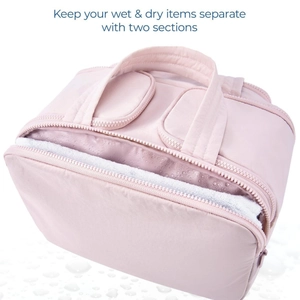 Pink waterproof travel toiletry bag with double zippers and dry-wet separation design
