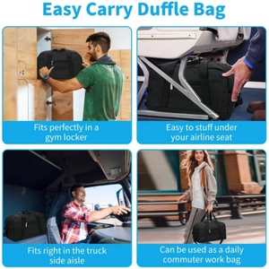 Black multi-functional small gym duffle bag showing versatile usage in four different scenes