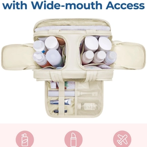 Large cream wide-mouth toiletry bag with multiple compartments for travel storage
