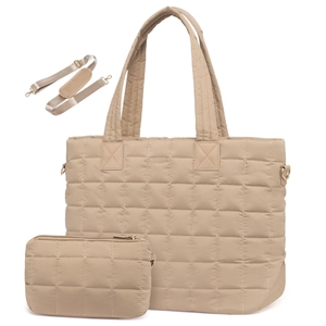 Three-piece quilted tote bag set with detachable shoulder strap and small pouch in beige