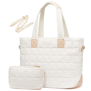 Detailed set of white quilted tote bag with matching pouch and detachable strap