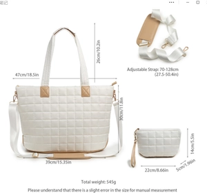 White quilted tote bag set with adjustable strap and small pouch, detailed dimensions view