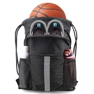 Large Capacity Sports Drawstring Backpack With Shoe Compartment Reflective Strip Waterproof Nylon Gym Bag For Men Women