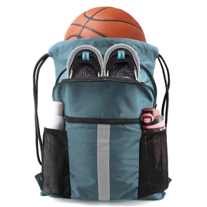 Detail view of sports drawstring bag showing basketball storage and separate shoe compartment