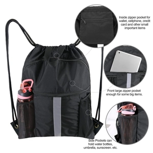 Black drawstring sports backpack with reflective zipper pocket and side mesh storage