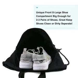Black drawstring sports backpack with large shoe compartment for 2-3 pairs of shoes