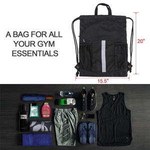 Detail of black drawstring sports bag with side mesh pockets and large capacity size info