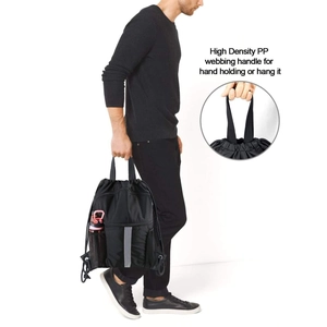 Black drawstring sports backpack with reflective strip and mesh pocket on male model