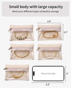 Detail view of beige velvet jewelry pouch with clear window and 4.5x3.1 inch dimensions