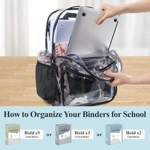 Detail of heavy-duty clear PVC backpack showing laptop sleeve and storage capacity