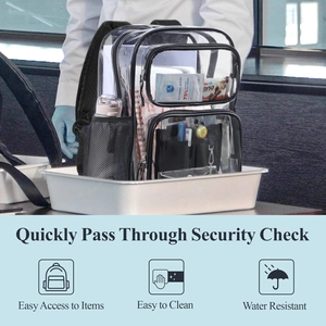 Detailed view of clear PVC backpack with black trim showing quick security check features