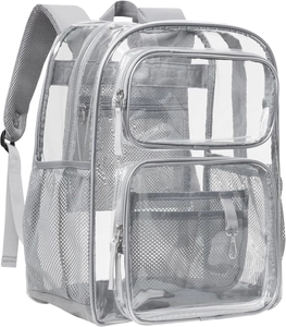 Detail view of heavy-duty clear PVC backpack showing reinforced grey mesh side pocket