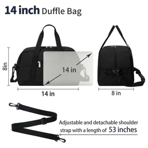 14-inch black mini duffle bag with adjustable shoulder strap for gym and travel