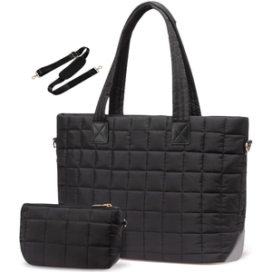 Large Quilted Tote Bag Waterproof Nylon Fashion Shoulder Bag With Padded Laptop Compartment And Small Pouch For Women Travel Commute