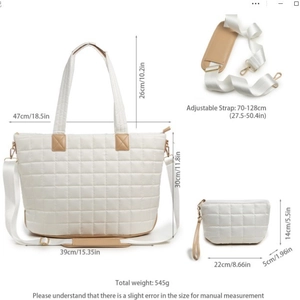 White quilted tote bag set with dimensions including main bag, small pouch and strap