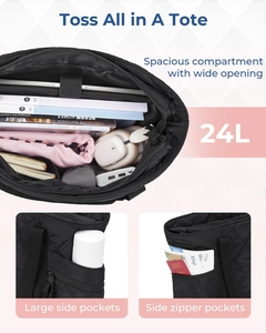 Détail du sac matelassé 24L montrant l'intérieur compartimenté et poches latérales