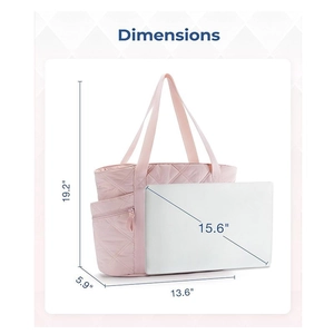 Sac fourre-tout matelassé rose avec dimensions et espace pour un ordinateur portable