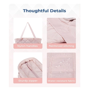 Vues détaillées du sac matelassé rose clair avec poignées en nylon et tissu imperméable