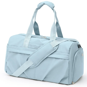 Detail view of light blue waterproof gym bag with side shoe compartment and trolley sleeve