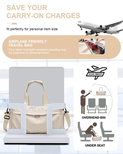 Detail of beige travel duffel bag fitting airline personal item size with trolley sleeve